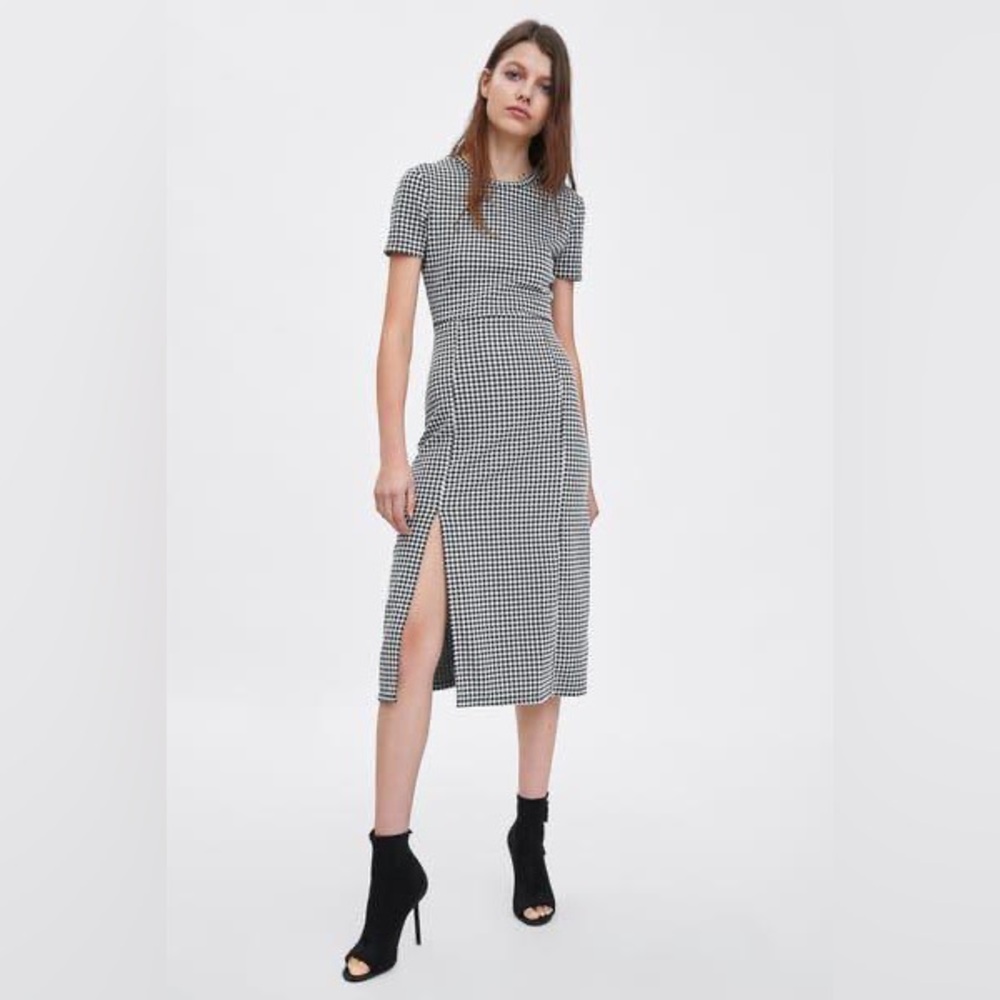 Zara Gingham Check Fitted Midi Dress